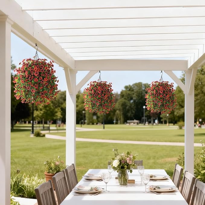 Artificial Hanging Flowers for Outdoors, 2 Pcs Fake Hanging Plant Spring Summer Decoration, UV Resistant No Fade Faux Flower for Porch Patio Yard Window Home Decor(Red Brown)