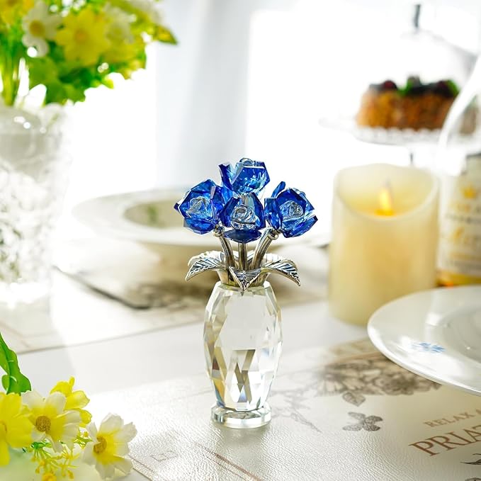 H&D HYALINE & DORA Blue Crystal Rose Flower Paperweight,Glass Flower Gifts for Women Girl Wife,Crystal Flowers Bouquet Collectible for Christmas Day Wedding Anniversary
