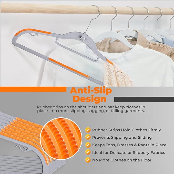 Plastic Hangers 50 Pack, Cascading Slim Space Saving Clothing Hangers with 360° Rotating Hook, Non Slip Clothes Hangers for Sweater Shirt, Heavy Duty Coat Hanger with Inner Hook for Closet, Grey