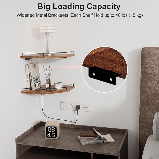 JJL Corner Shelf Wall Mounted, 12 Inches 2-Tier Floating Corner Shelf, Hexagon Rustic Wood Decor with Fence, Brown Storage Organizer for Apartment Bedroom Kitchen Bathroom
