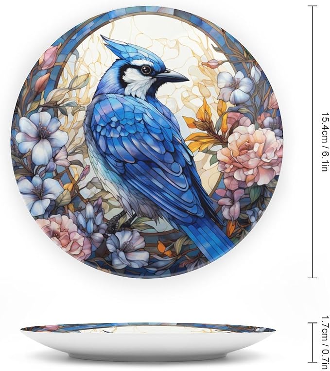Blue Jay and Flowers Stained Glass Painting Decorative Plates Home Decor Ceramic Plates, Dinner Plates Display for Kitchen, Hallway Console Side Table, Presents for Blue Jay Lovers, 6 Inch
