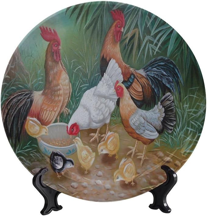 Rooster Decorative Plate Stand, 8 Inch, Rooster Hen Chicks Foraging Round Display Plate, Table Top Plate Decor with Stand, for Kitchen Living Room Office Countertop Decor