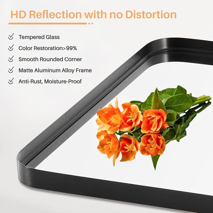 Bathroom Mirror for Wall, 36x24 Inch Rounded Rectangle Mirror, Black Metal Framed Bathroom Vanity Mirror for Restroom Farmhouse, Anti-Rust, Tempered Glass, Horizontally or Vertically Hanging