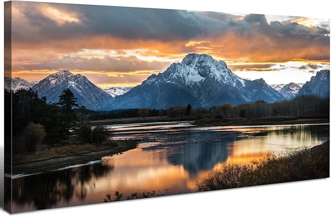 Large Mountain Wall Art for Living Room Sunset Nature National Park Posters Grand Teton Landscape Wall Decor Snake River Wyoming Scenery Canvas Prints Artwork for Bedroom Office Home Decoration 30x60"