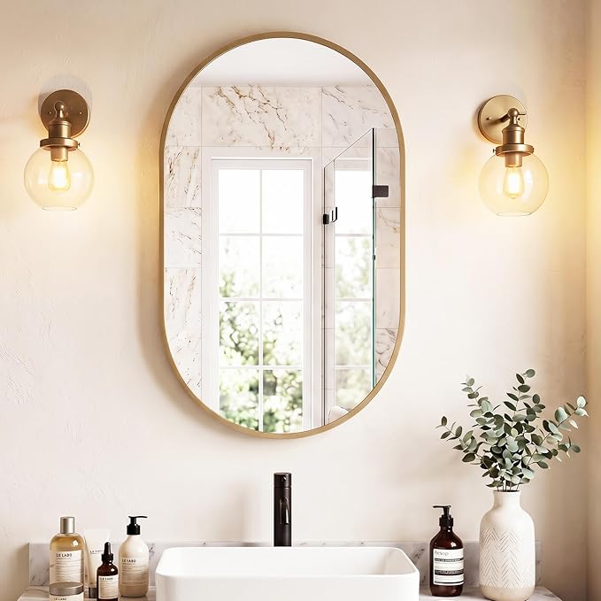 Sweetcrispy 24" x 36" Gold Bathroom Mirror for Wall, Oval Wall Mirrors with Metal Frame, Tempered Glass, Modern Vanity Mirror for Over Sink, Living Room, Bedroom, Entryway, Horizontal or Vertical