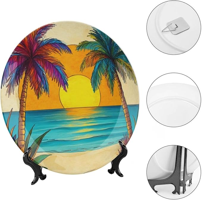 Coconut Trees Theme Decorative Ceramic Plate Round Porcelain Plate,10 inch,Beach Pattern,for Decorative Ornaments Giving Plates,1 Plate with 1 Display Stand,Orange Blue