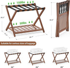 2 Pack Bamboo Luggage Rack for Guest Room, 26.77" Folding Wide Suitcase Stand with Storage Shelf, Thickened Luggage Stand Holder for Bedroom Hotel, Luggage Rack for Suitcases (Brown)