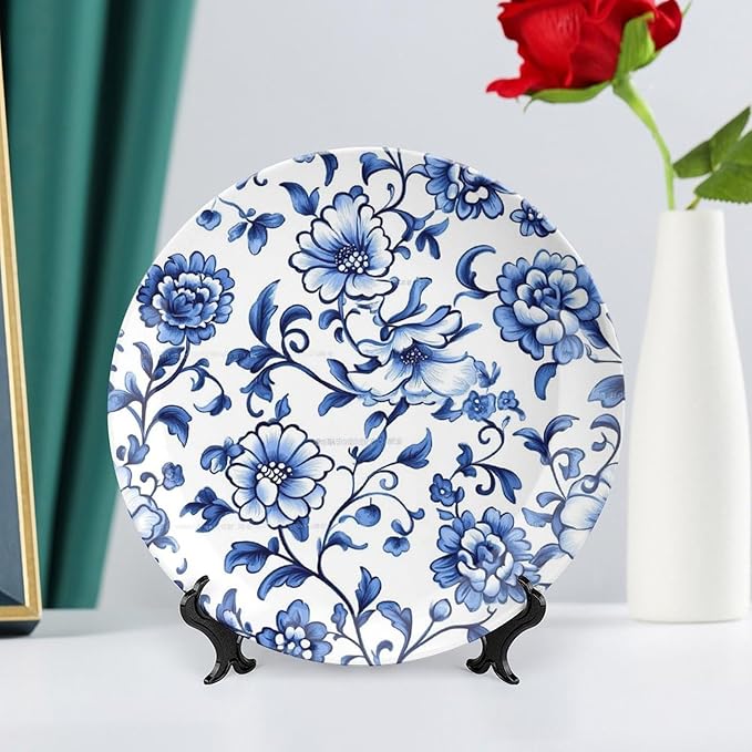 Blue Ceramic Decorative Plate, Floral Design Decorative Dish with Stand, Chinese Style Bone China Decorative Plates Art Porcelain Plate for Living Room Hallway Table Decor