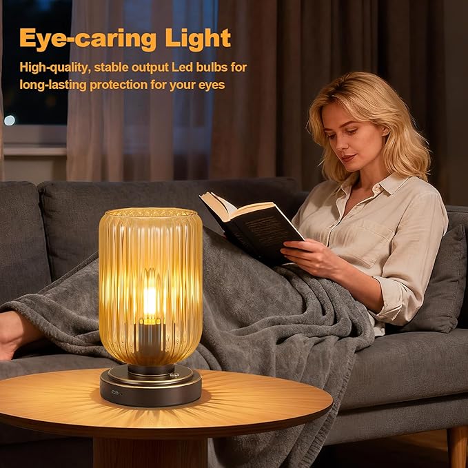 LigthRound Touch Table Lamp for Bedroom, Cordless Bedside Small Table Lamp, Dimmable Rechargeable Battery Operated Lamp for Nightstand, Bedside, Living Room, Desk, LED Bulb Included