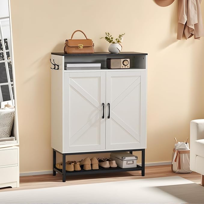 Shoe Storage Cabinet, Farmhouse Shoe Cabinet for Entryway, 6-Tier Shoe Organizer with Doors and Shelves, Narrow Hidden Freestanding Shoe Rack Cabinet for Entrance, White and Black SHHW9501