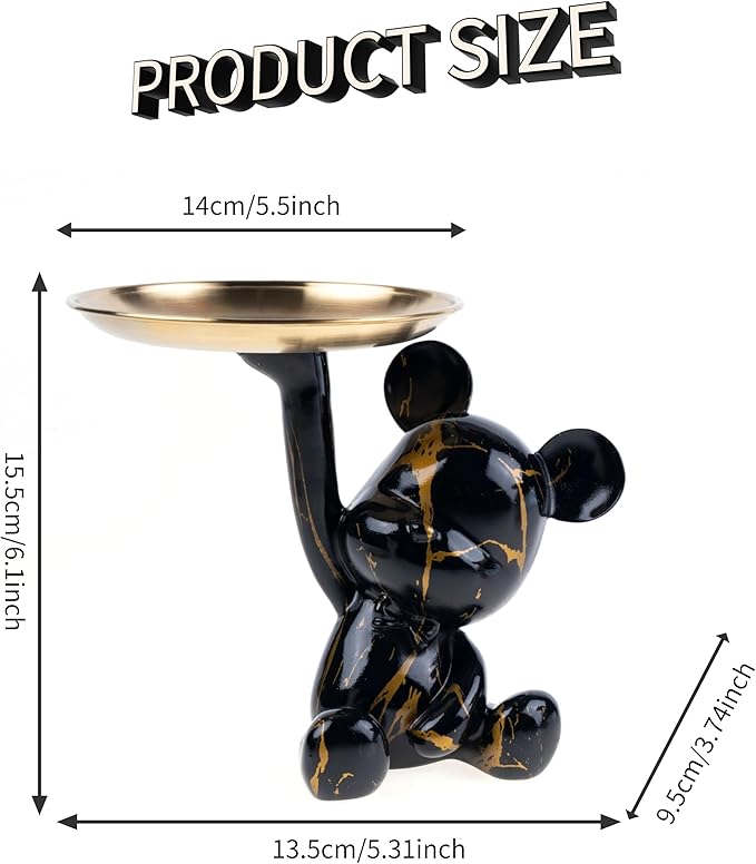 Key Holder Bowl Tray For Office Desk, Decorative Animal Bear Sculpture Home Decor Statue, Storage Tray For Entryway Table (Black & Gold)