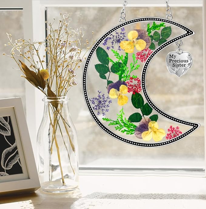 KY&BOSAM Hanging Ornament, My Precious Sister Suncatcher with Pressed Flower, Silver Heart Charm - Mother’s Day, Birthday, Christmas Gift