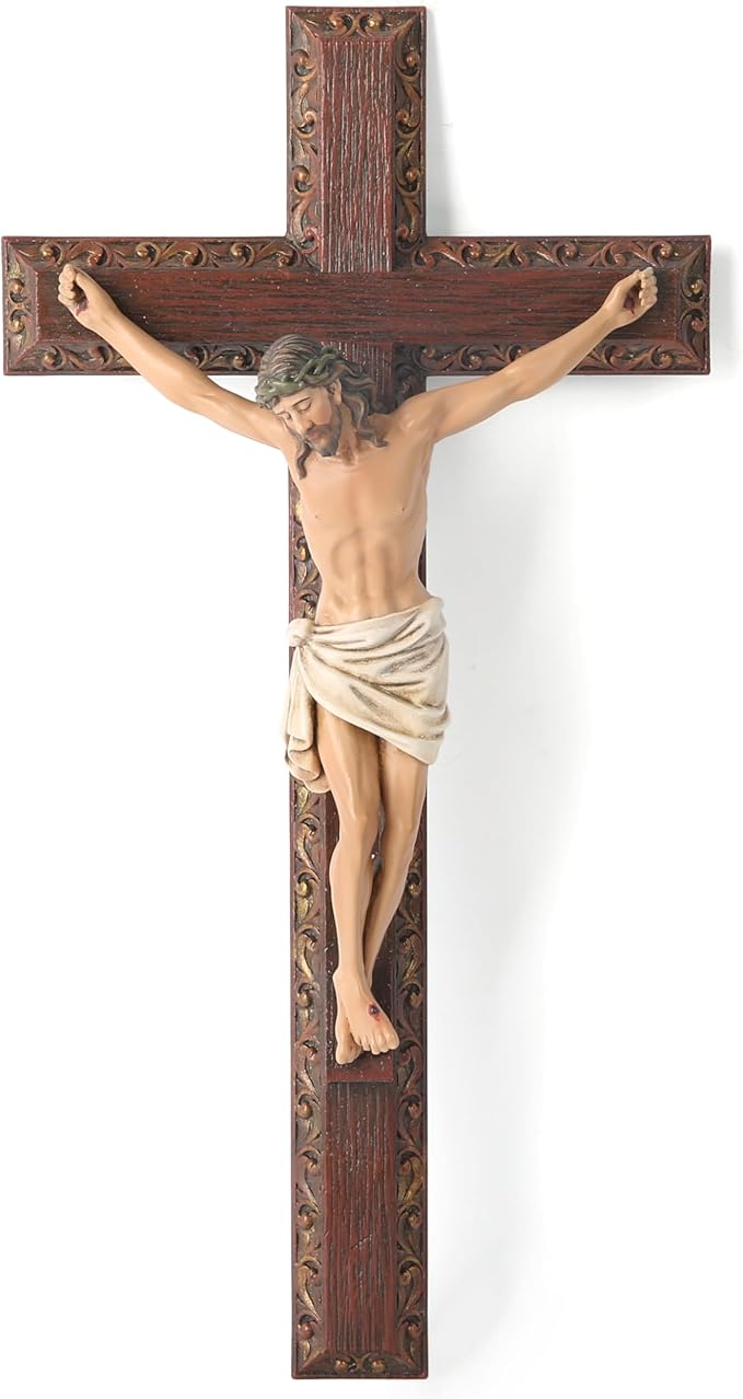 BC Catholic Crucifix Wall Cross, 12" H Jesus Christ Cross Home Decor, Religious Devout Gift, Wood Carve Looking, Hand Painted by Buildclassic