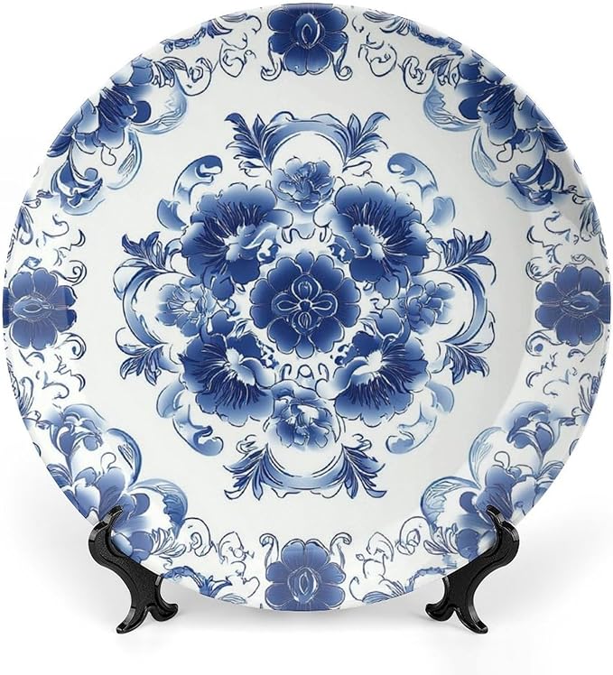 Blue and White Pottery Ceramic Decorative Plate, Chinese Style Decorative Dish with Stand, Floral Design Bone China Decorative Plates Art Porcelain Plate for Living Room Hallway Table Decor