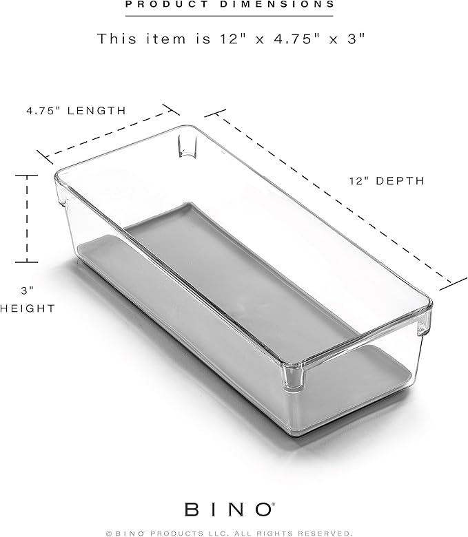 BINO | Oblong Plastic Drawer Organizer Bins, Light Grey- 2 Pack | THE ARTISAN+ | Multi-Use Organizer Bins | Soft-Grip Lining and Non-Slip Rubber Feet | Desk Drawer Organizer | Clear Vanity Organizer