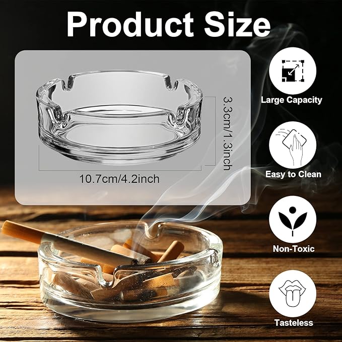 Fabbay 1 Pcs Glass Ashtrays Bulk for Cigarette Cigar Crystal Ashtray Large Home Round Glass Ashtray Office Decor Outdoor Indoor Use for Home Patio Porch Deck Decoration, 4.21x1.3 Inch