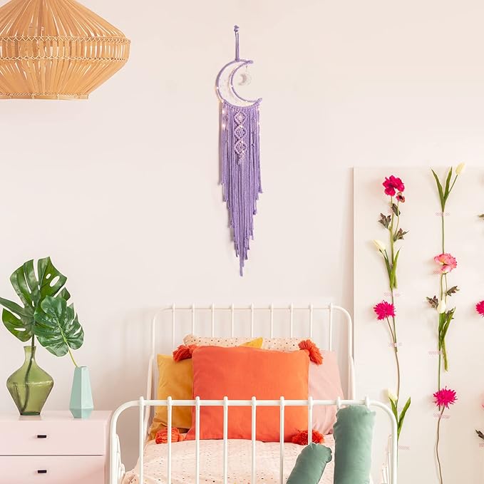 Boho Macrame Woven Wall Hanging for Girl, Crochet Crescent Moon Star Dream Catcher with Light, Purple Cotton Handmade Bohemian Home Decor Decoration for Kids Nursery Bedroom Dorm Room