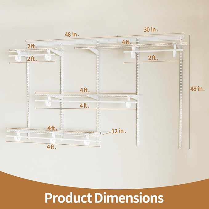 5-8 Ft Closet Organizer System, White Adjustable Custom Metal Wire Shelving Wall Mounted, Expandable Organization and Storage Shelf Kit with Hanging Rods
