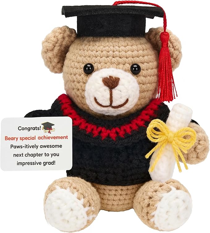 Crochet Graduation Bear 2026, Handmade Knitted Teddy Bear with Cap, Graduation Gifts 2026 for Him Her, Emotional Support Crochet Animal for College High School Graduate Student Daughter Son Friend