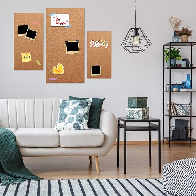 Cork Bulletin Board 17"x8" - 1/2" Thick Cork Board Tiles Frameless Cork Tiles, Self-Adhesive Corkboards Wall Decor Bonus Pushpins (8pack) for Office, School and Home