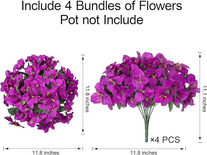 Faux Bougainvillea Artificial Flowers Plants for Outdoors Spring Decor, 4 Bundles Realistic Bougainvillea UV Resistant Faux Flowers for Outdoor Planters Porch Patio Window Garden Home, Fuchsia