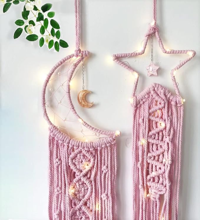 Dream Catchers Star Moon Dream Catcher Pink Room Decor, Macrame Dream Catcher Girls Teenager Bedroom Wall Decor,Boho Dreamcatcher Girls Room Decoration Teen Girl Gifts for Women Birthday Gifts Mother
