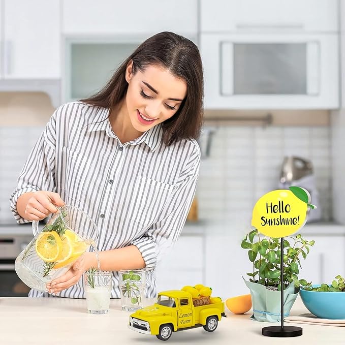 Lemon Decor - 4.9″Farmhouse Vintage Metal Truck with Mini Fake Lemons for Home Kitchen Table, Shelf, Party Decorations and Lemonade Stand Decor Summer Tiered Tray Decoration