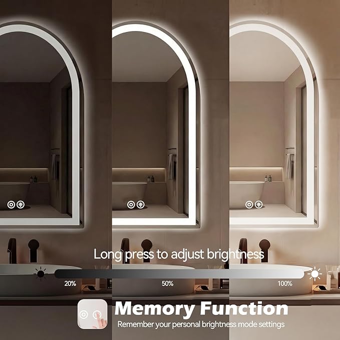 Sweetcrispy 24“x 36” LED Bathroom Backlit Mirror with Lights, Arched Vanity Mirrors with Anti-Fog, Dimmable, 3-Color Light, Memory Function, Tempered Glass