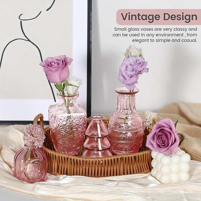 Mini Bud Vases Centerpieces for Tables,Clear Bud Vases for Flowers,Small Flower Vases Suitable for Birthday Party,Anniversary,Wedding Reception,Baby Shower (Pink, 12PCS)