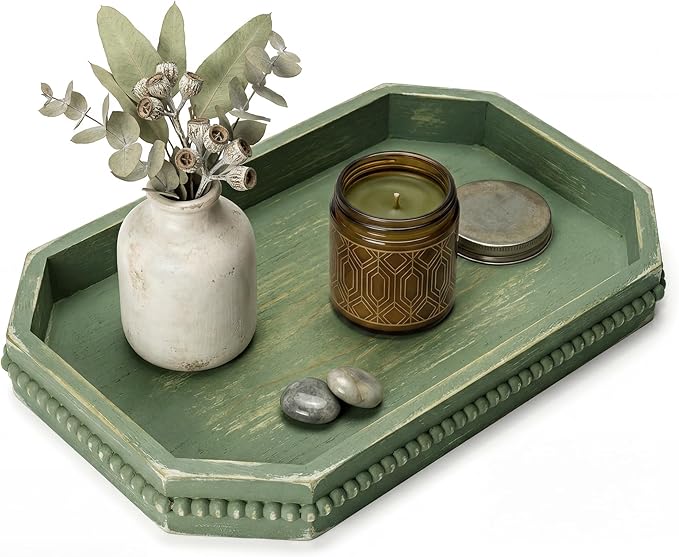 Decorative Tray with Beaded for Room Decor - Wooden Serving Tray Ornament Entryway Table - Farmhouse Centerpieces for Dining Table can Beauty Home and Kitchen (Green)