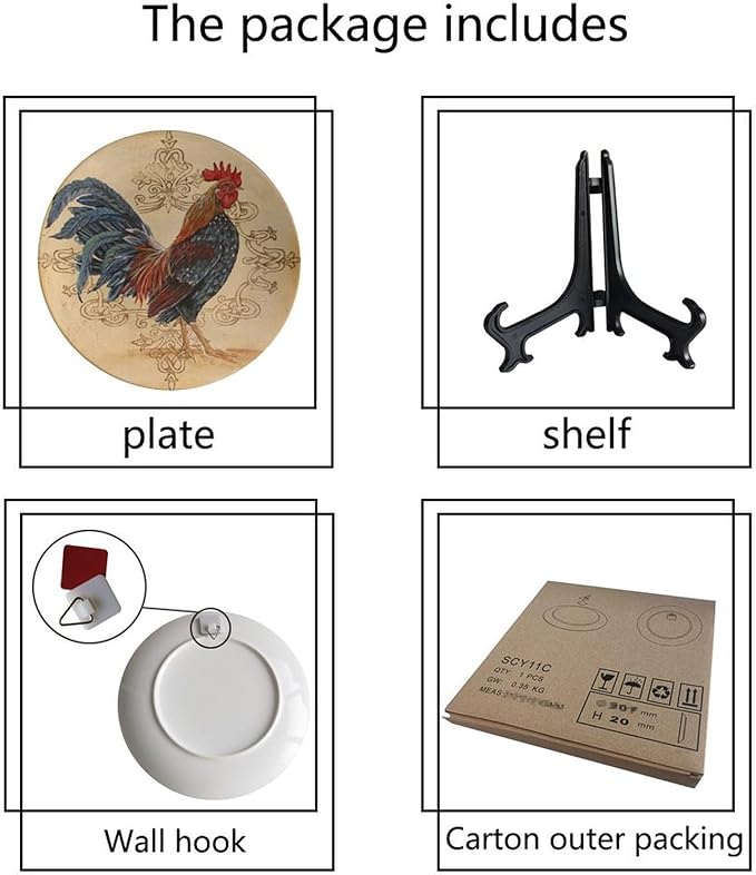 Rooster Decorative Ceramic Plates, 6 Inch, Rooster On A Khaki Background Round Display Plate, Table Top Plate Decor with Stand, Ceramic Craft for Wall Hanging Decorative