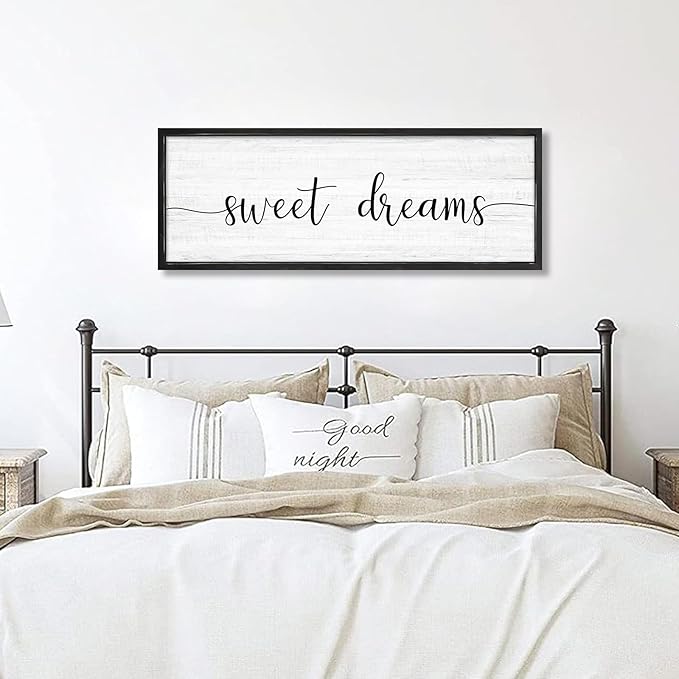 Sweet Dreams Wall Decor Above Bed 41.3''×15'' Large Farmhouse Wall Decor for Bedroom Guest Room Decor Framed Wood Wall Art Rustic Master Bedroom Wall Decoration (black frame)