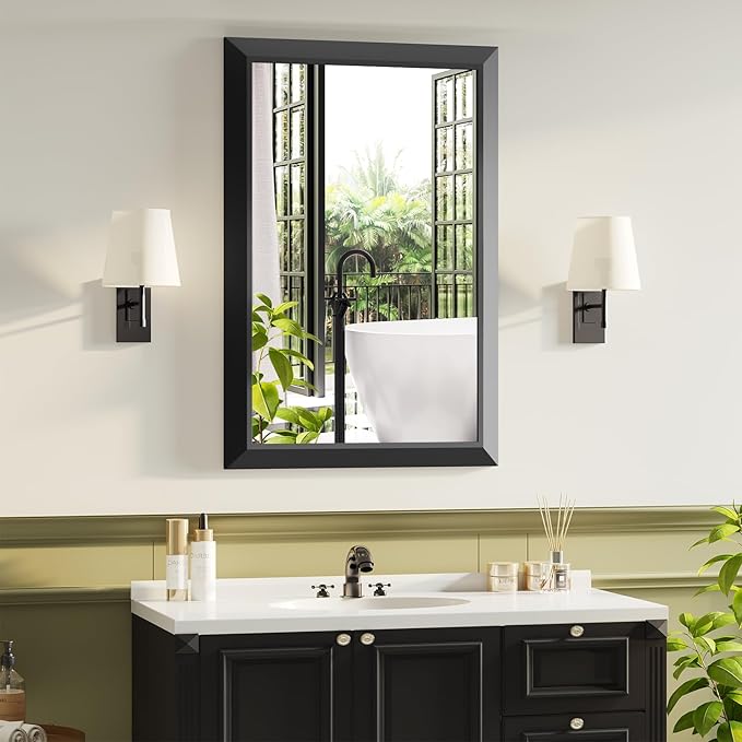 Black Bathroom Mirror for Over Sink, 24x36Inch Thick Anti-Rust Metal Frame, Rectangle Decorative Wall Mirror with HD Tempered Glass Horizontal or Vertical Mount for Vanity, Bedroom, Living Room