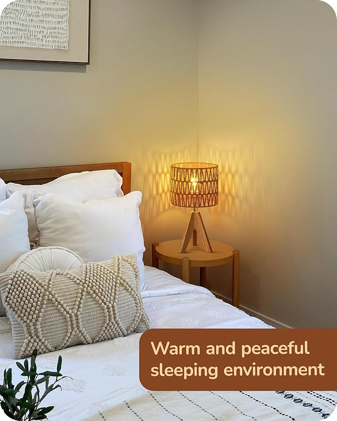 EDISHINE Small Table Lamp, Rattan Wood Tripod Bedside Lamp, Boho Nightstand Lamp for Living Room, End Table, Office, E26 Base, Natural Style