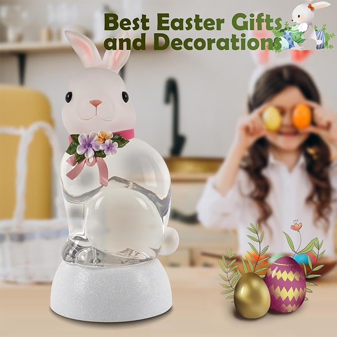 Spring Rabbit Snow Globe Lantern, Rabbit Snowglobe Decor with Swirling Glitter, 6H Timer, USB or Battery Powered, Bunny Decoration for Spring Party Easter Day Decor and Gift (Rabbit)