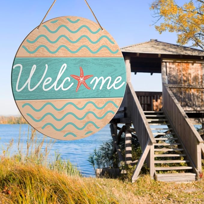 Muktoujaumai Beach House Welcome Sign Decor, 10.2" Round Wooden Sign, Rustic Ocean Theme, Perfect for Home, Office, Bathroom, Indoor/Outdoor Use