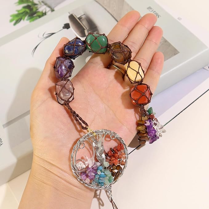 Handmade Crystal Window Car Hanging Ornaments 7 Chakra Home Decoration Feng Shui Ornament Yoga Meditation Car Decoration Tumbled Palm Stones (Style13)