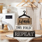Moucuny 4 Pcs Farmhouse Laundry Room Decor Stacked Blocks, Wash Dry Fold Repeat Wooden Sign Set with Vintage Hanger - Rustic Home Shelf Decor for Laundry Area Housewarming Gift