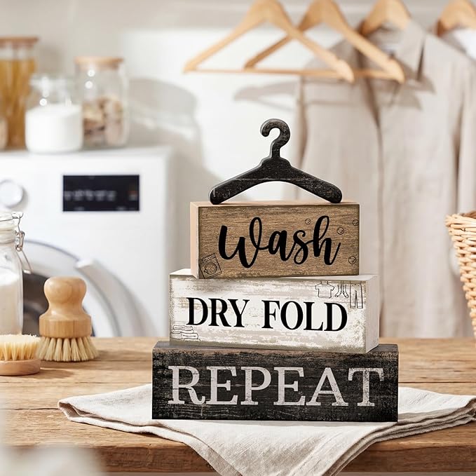 Moucuny 4 Pcs Farmhouse Laundry Room Decor Stacked Blocks, Wash Dry Fold Repeat Wooden Sign Set with Vintage Hanger - Rustic Home Shelf Decor for Laundry Area Housewarming Gift