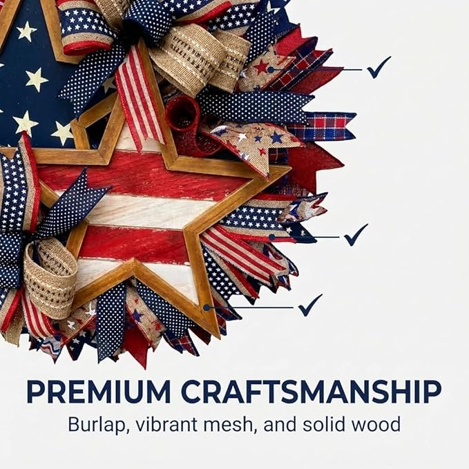 Patriotic Wreaths for Front Door, 250 Anniversary Wreath 4th of Red White and Blue Wreath, Memorial Day Flag Wreaths for Indoor Outdoor Porch Decory Holiday Decorative (#A)