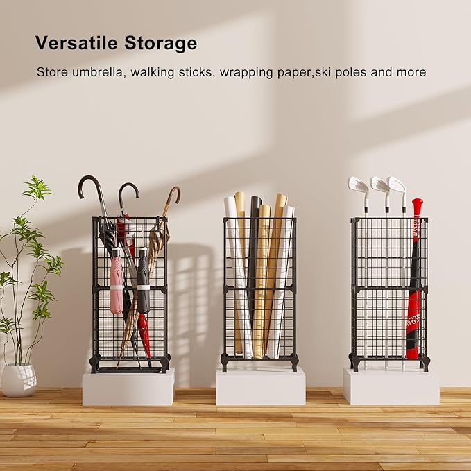 AWTATOS Umbrella Holder Entryway, Umbrella Stand Freestanding, Metal Square Umbrella Rack Organizer with a Removable Drip Tray, Hooks, Black
