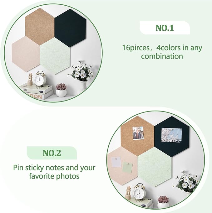Mindsoft 16 Pcs Hexagon Cork Board for Walls with 50 Wooden Push Pins 12x10 in Felt DIY Tiles Notice with Nano Tape Hanging Bulletin Board for Home Photo Office Memo Note (Green)
