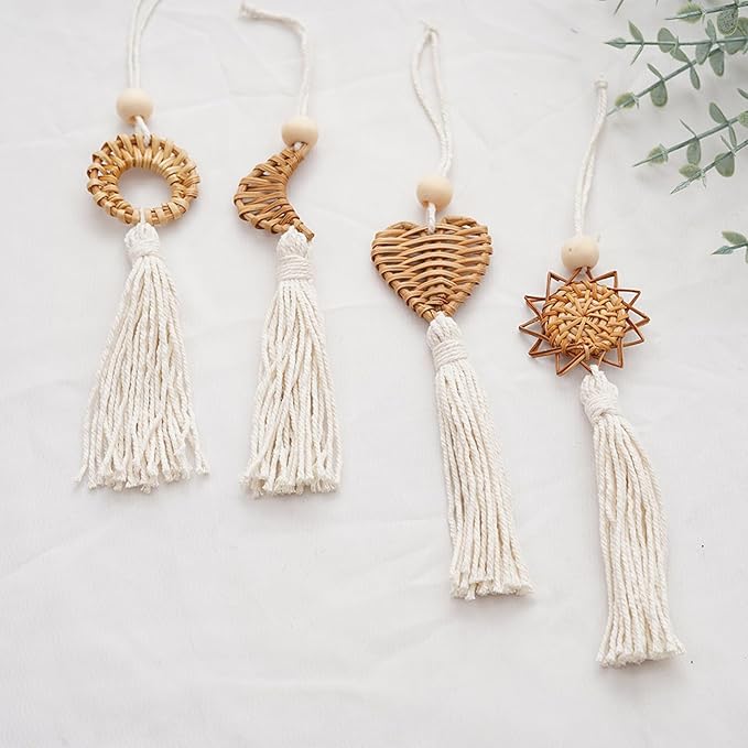 Set of 4 Handwoven Wall Hanging Natural Fiber Pendants Decors with Cotton Tassels for Living Room Aesthetic Ornaments Cotton Rope Tassels Hanging Charm