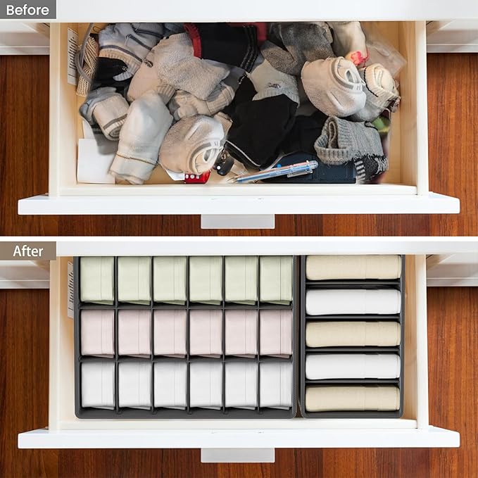 Drawer Organizer Clothes Set, 4 Pack Foldable Dresser Closet Dividers (6/8/7/24-Cell), Non-Woven Underwear & Sock Drawer Organizer, Bra/Tie/Belt Storage Bins (Dark Grey)