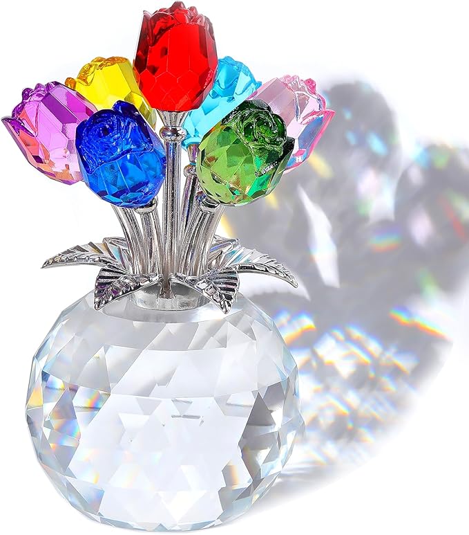 Arikyrist Crystal Colorful Rose Bouquet Figurine with Round Vase, Glass Rose Flower Romantic Gifts for Her Mom on Birthday, Collectible Decoration Table Centerpiece for Home