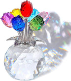 Arikyrist Crystal Colorful Rose Bouquet Figurine with Round Vase, Glass Rose Flower Romantic Gifts for Her Mom on Birthday, Collectible Decoration Table Centerpiece for Home