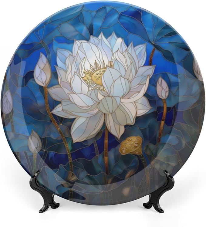 Stained Glass Theme Decorative Ceramic Plate Round Porcelain Plate,8 inch,Flowers in The Pond Pattern,for Decorative Ornaments Giving Plates, 1 Plate with 1 Display Stand,Blue White
