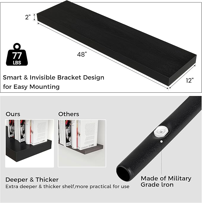 Venusmiles Floating Shelves for Wall, 48" W x 12" D x 2" H, 2 Pack of Long Wall Mounted Engineered Wood Shelves with Invisible Brackets for Living Room, Bedroom, Bathroom, Kitchen Decor, Black