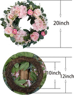 Artificial Pink Rose Wreath - 20 Inch Front Door Wreath with Hydrangea Leaves for Spring, Valentine's, Mother's Day, Wedding & Home Decor