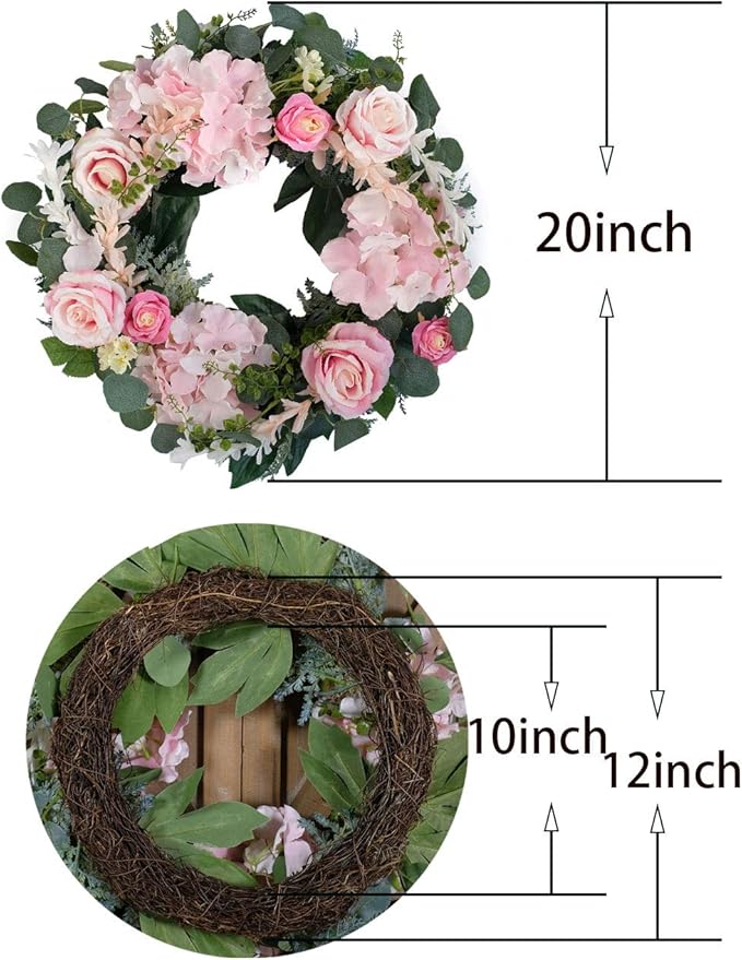 Artificial Pink Rose Wreath - 20 Inch Front Door Wreath with Hydrangea Leaves for Spring, Valentine's, Mother's Day, Wedding & Home Decor